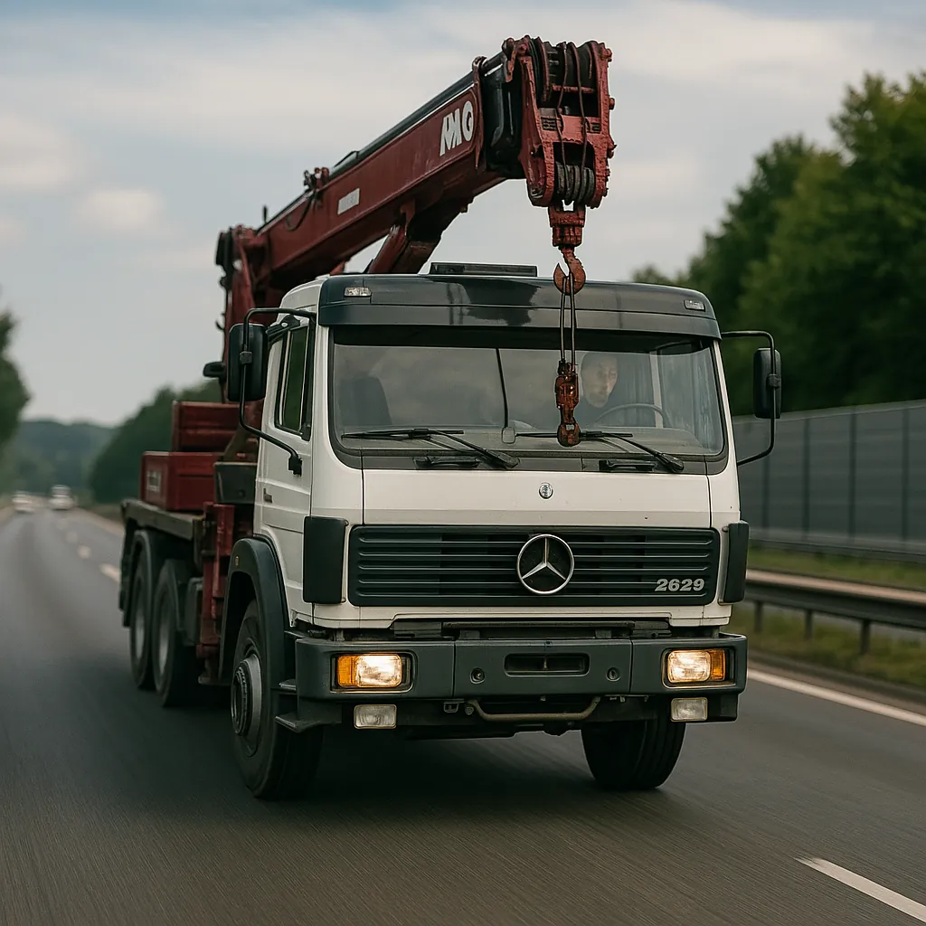 Autokran Mercedes-Benz 2629 mit MKG HMK 650 von Milanik Kranservice auf der Straße